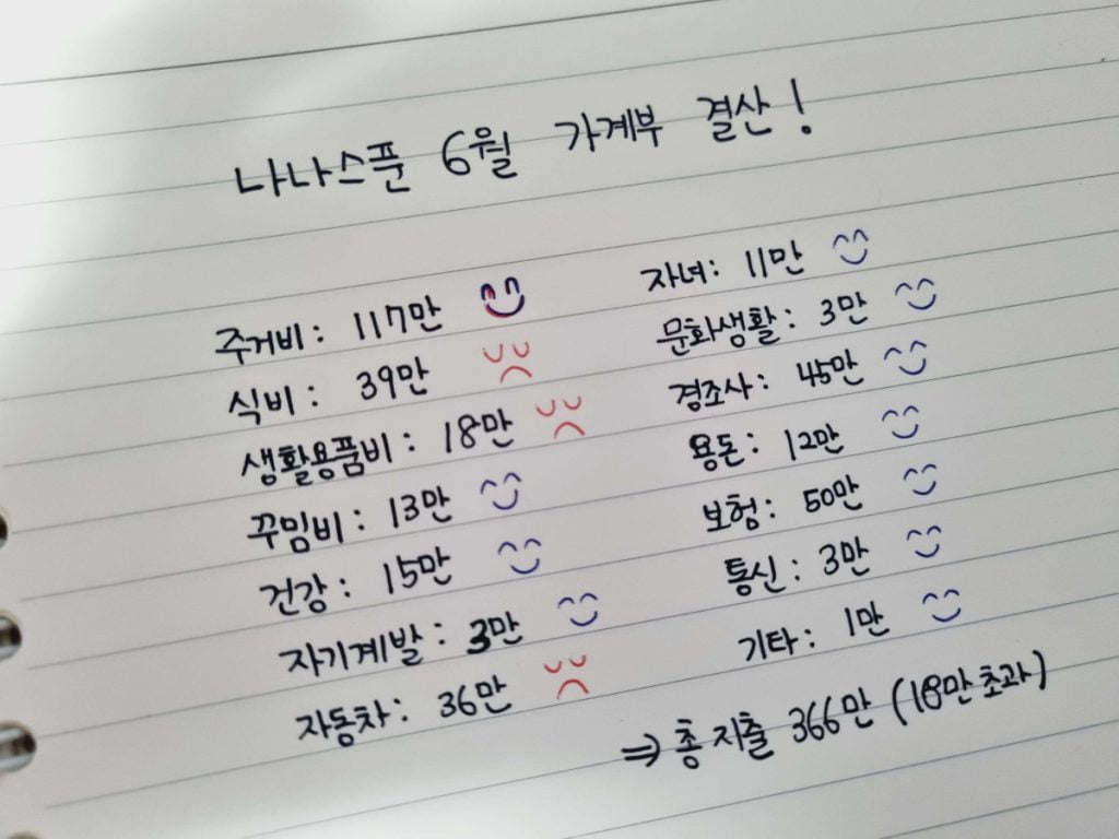 신혼부부 3인가족 가계부 6월 결산 내역을 나타내는 이미지